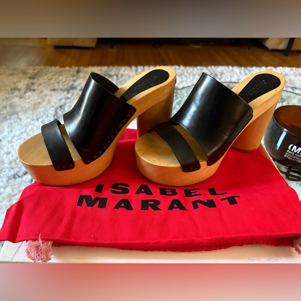 Isabel Marant Black Leather Mules with Wooden Platform - brand new, never worn!